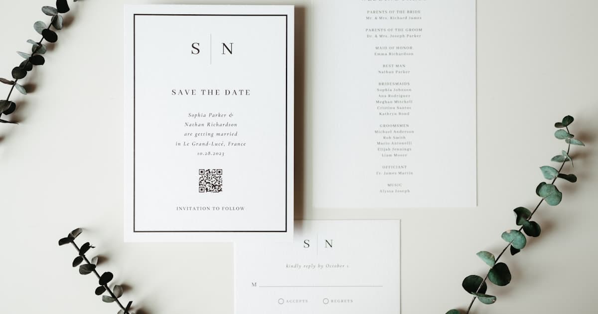 Eco-friendly digital wedding invitations — green stationery suite with natural greenery accents