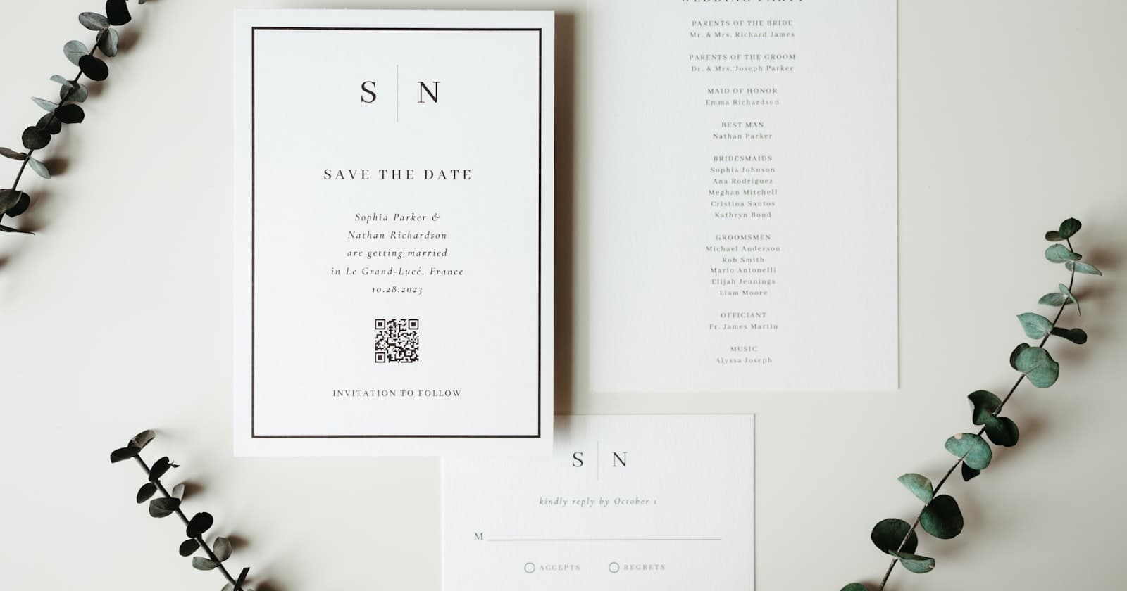 Wedding invitation suite with a QR code on a save-the-date card, used to compare Vow Invites vs Greenvelope digital invites