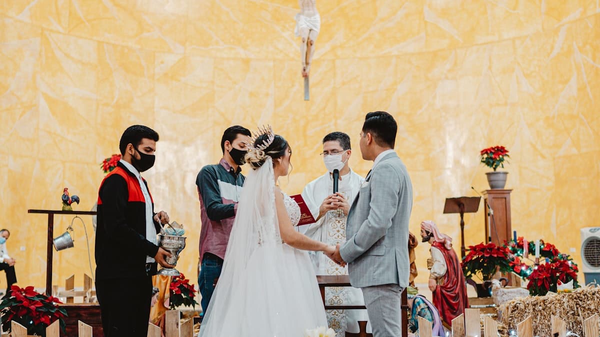 Wedding ceremony inside a church — paperless wedding program guests follow on their phones