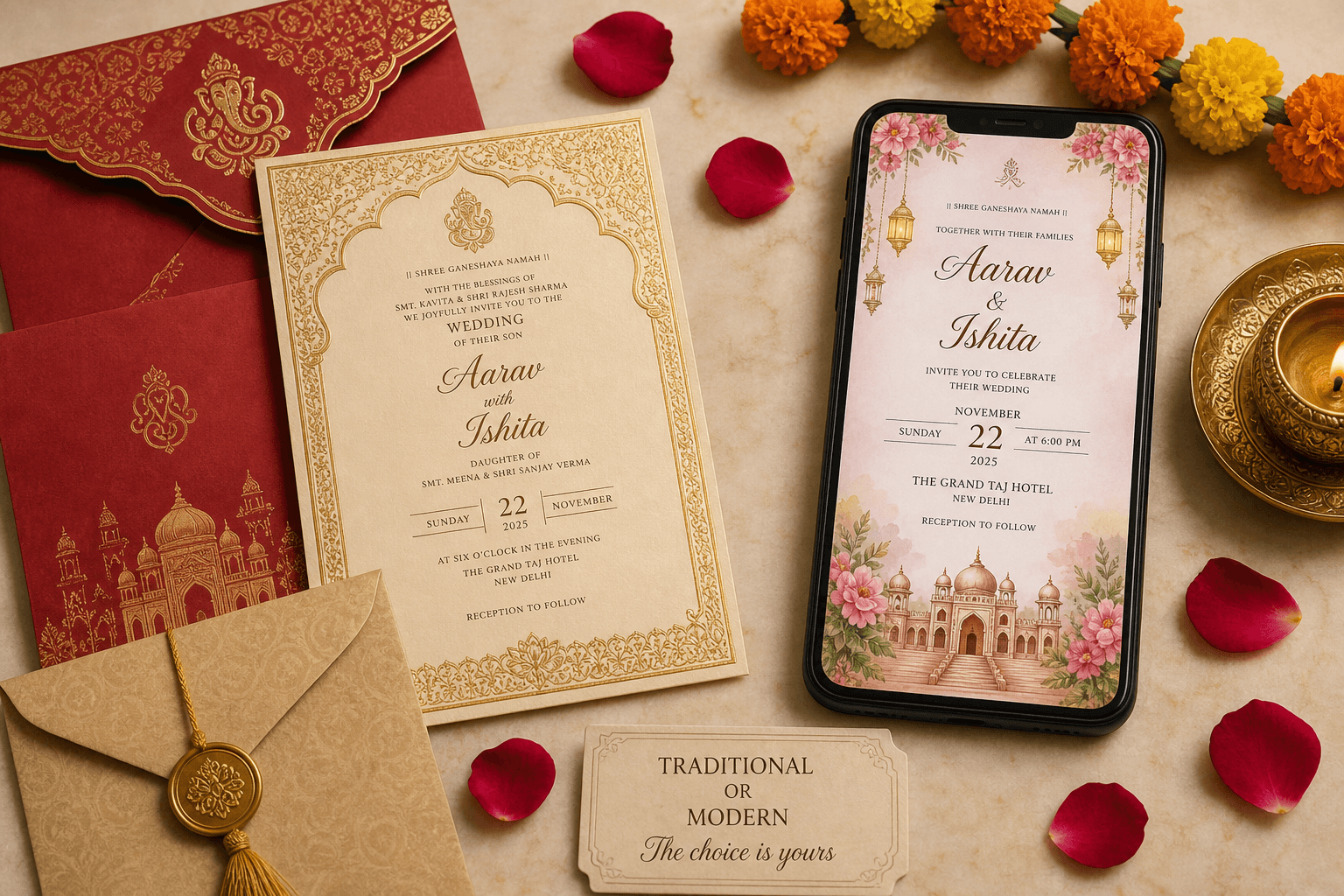 Printed Indian wedding card beside smartphone — wedding invitation cost India print vs digital comparison