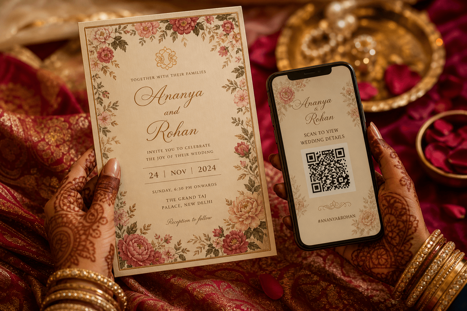 Indian bride with printed wedding card and phone showing QR code — hybrid wedding invitation cost India